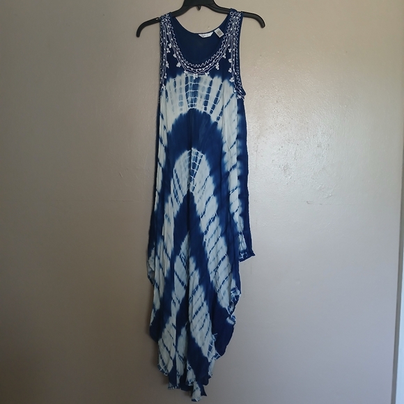 Kaktus Dress XL Navy Tie Dye‎ Hi Low Hanky Hem Embroidered Lagenlook Fairy - Picture 1 of 13